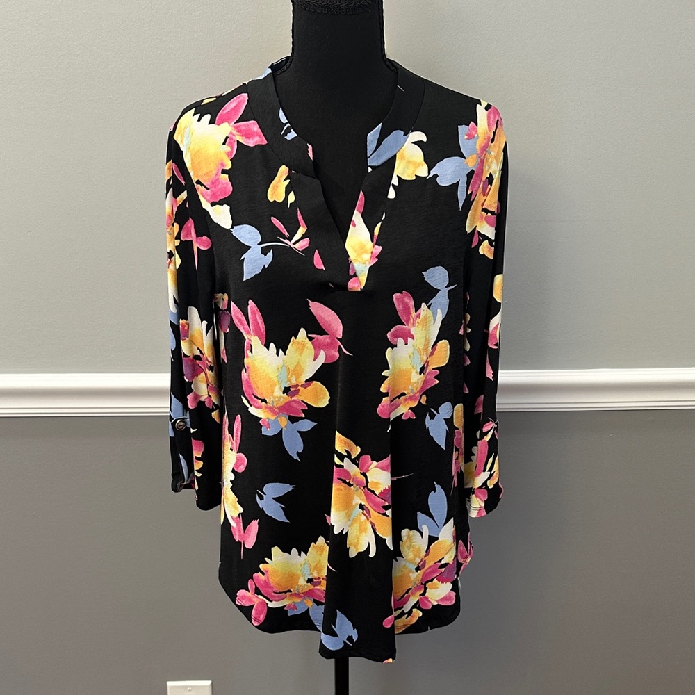 Dear Scarlett Floral V-Neck Blouse - Black with Pink, Yellow, and Blue